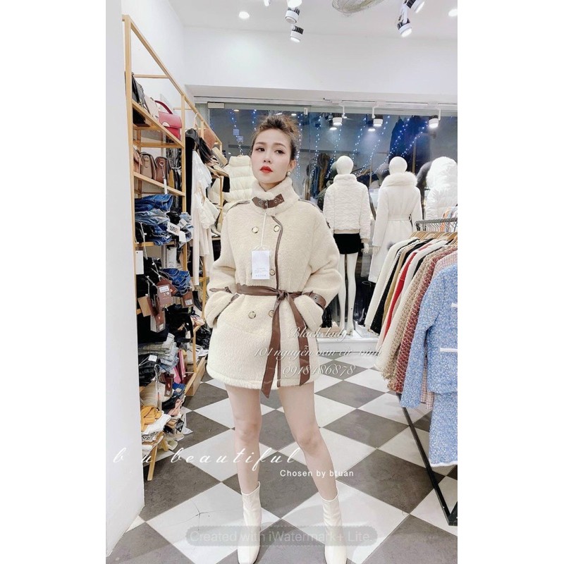 Áo khoác dạ lông đai da 6 cúc