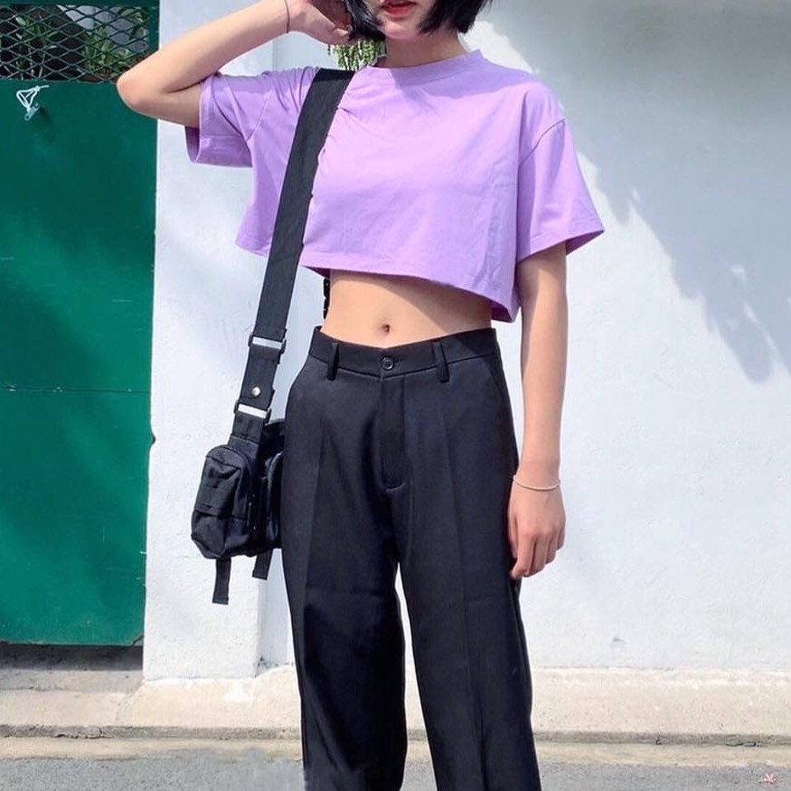 ÁO CROPTOP TEE TRƠN DÁNG RỘNG TAY LỠ MÀU TÍM - MM | Shopee Việt Nam