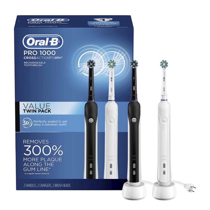 Set 2 Bàn chải điện Oral-B Pro 1000 Rechargeable Toothbrush Đen+ Trắng USA