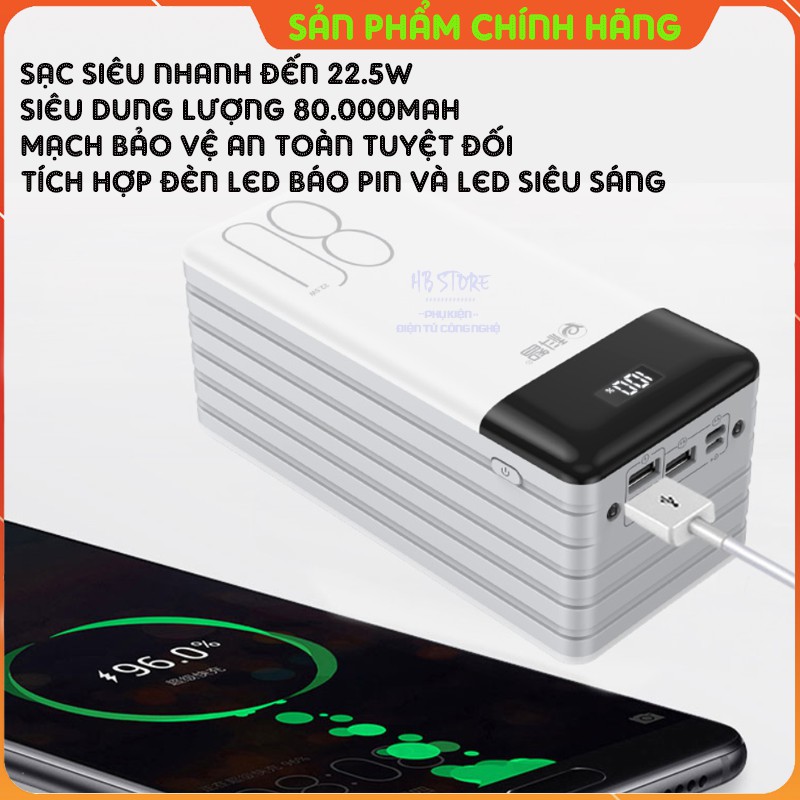 Pin sạc dự phòng 80000mah KZ805 sạc nhanh 22.5w tích hợp led hiển thị pin, leds siêu sáng 4 cổng ra dung pin li-po