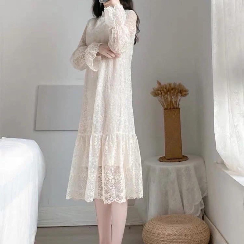 Váy ren trắng tiểu thư hàng quảng châu