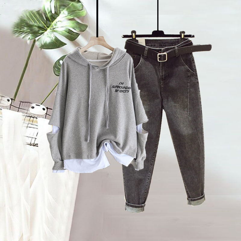 Set Áo Hoodie Dài Tay Giả Hai Lớp Phối Quần Jean Lưng Cao Thời Trang Cho Nữ