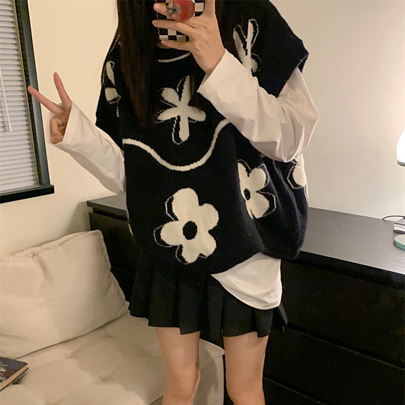 Áo Len Không Tay Dáng Rộng Họa Tiết Hoa Trắng Đen Thời Trang Cho Nữ