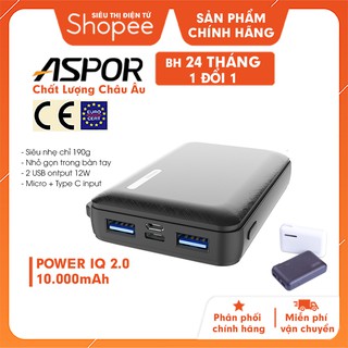 Pin sạc dự phòng 10000mAh,sạc dự phòng nhỏ gọn Aspor A358- hàng chính hãng