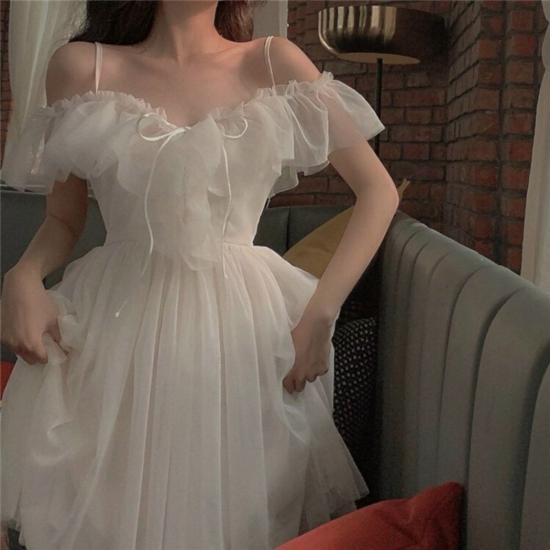 váy xòe voan lưới trễ vai