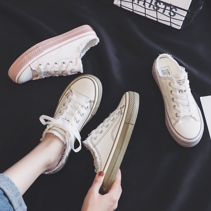 Giày lười vải canvas hở gót thời trang mùa hè Hàn Quốc mới cho nữ 2021