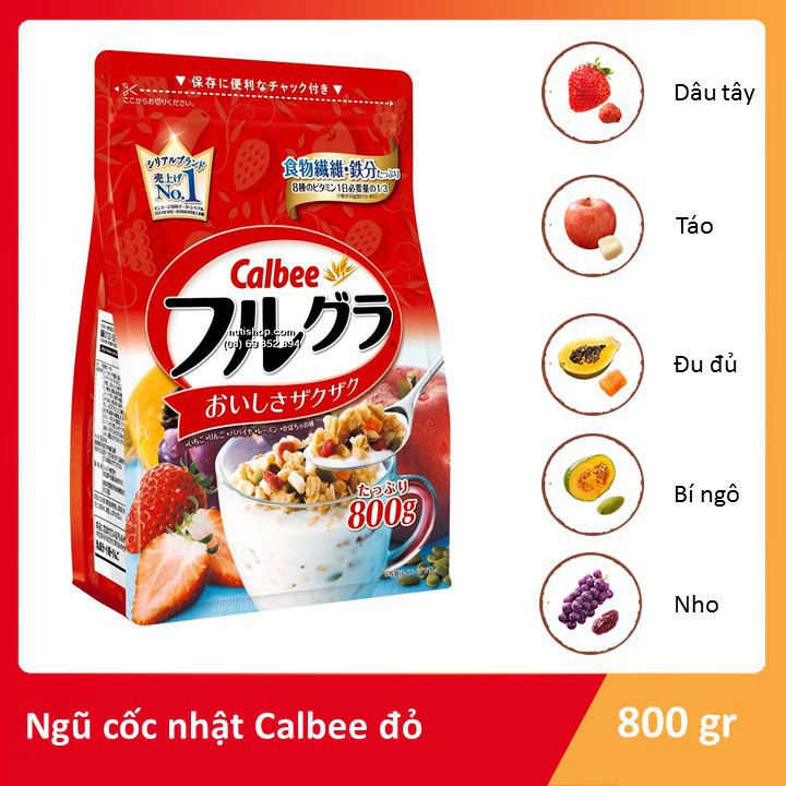 Ngũ cốc Calbee nội địa Nhật 800G (đỏ) - Dùng cho Gymer hoặc chế độ ăn giảm cân