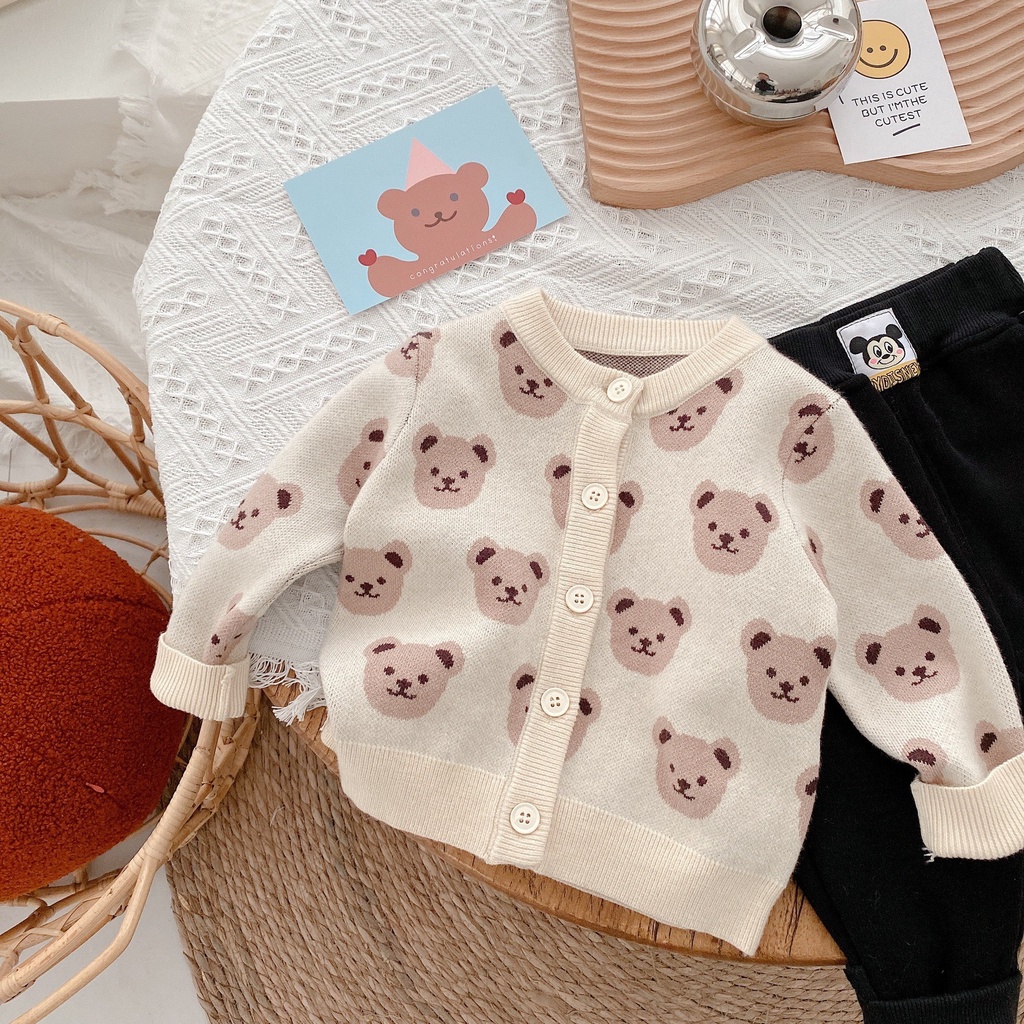 Áo len cardigan trẻ em họa tiết gấu mềm mịn, phong cách Hàn quốc