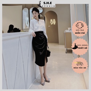 Chân váy dài rút dây qua gối SHE hàng thiết kế đen công sở CV11