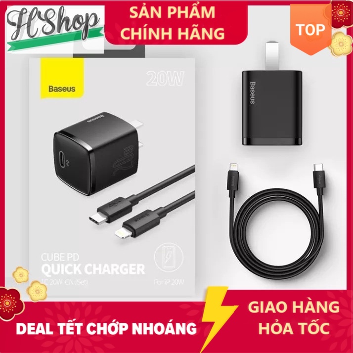 Combo Củ sạc Baseus CUBE 20W USB C hỗ trợ sạc nhanh Type C PD cho iPhone 12 Pro Max 11 Mini 8 Plus hshop365