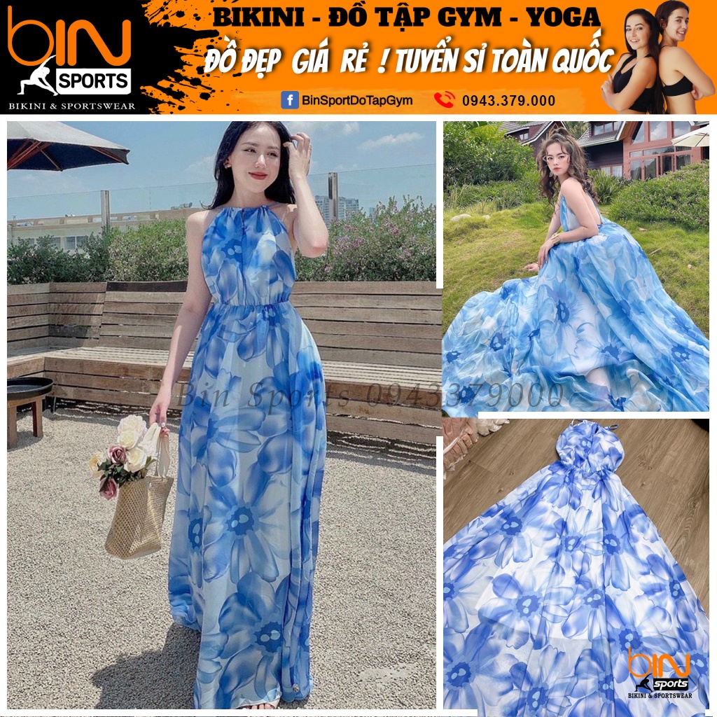 Đầm maxi hoa xanh cổ yếm, voan lót có mút đi biển du lịch chụp hình sống ảo Bin Sports MA033