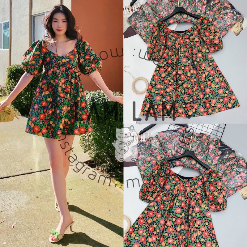 Đầm Hoa Xoè Nơ Tay Bồng
