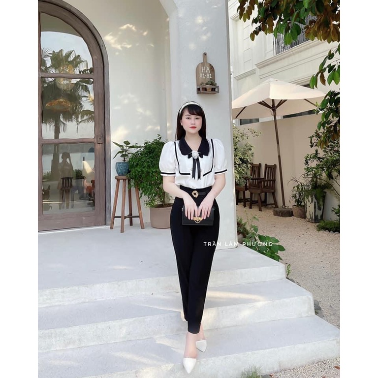 Áo sơ mi nữ viền cổ mix nơ