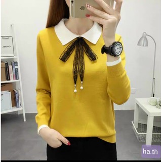 Áo len cổ bẻ nơ ren