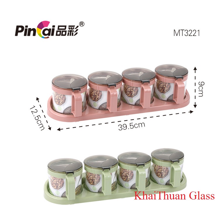 Bộ đựng gia vị thủy tinh 2, 3, 4 ngăn kèm thìa, nắp bật thông minh, tay cầm tiện lợi PinCai QH
