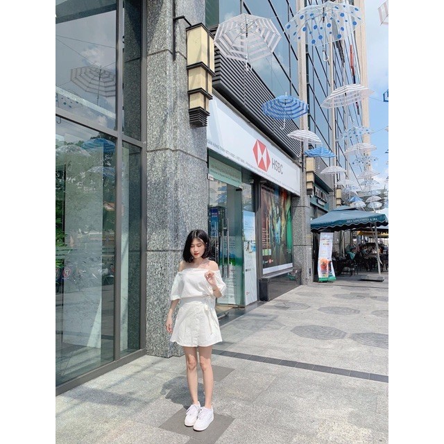 (có lót trong) SET CHÂN VÁY CỘT NƠ BÊN HÔNG VÀ ÁO TRỄ VAI ĐỘC LẠ - SET ÁO CỔ VUÔNG TRỄ VAI + CHÂN VÁY NƠ VẠT LỆCH ĐEN TR