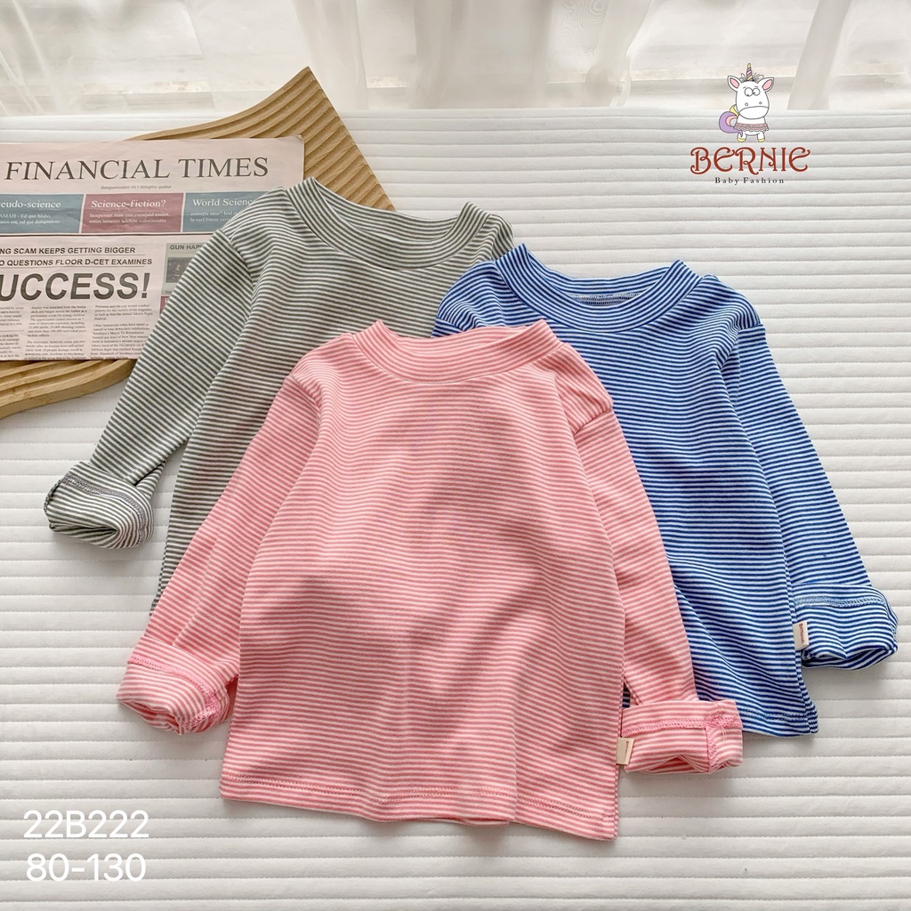 Bộ kẻ cổ lọ unisex cho bé, bộ thun dài tay cao cổ cotton thu đông cho bé