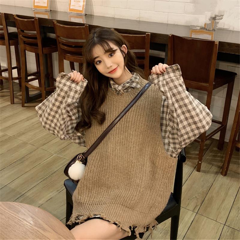 Bộ áo sơ mi tay dài kẻ sọc + áo khoác len không tay phong cách Hàn Quốc hợp thời trang cho nữ