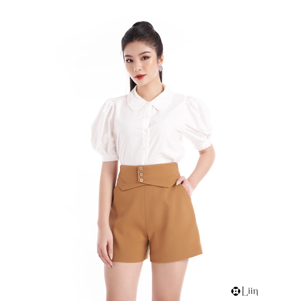 Áo sơ mi nữ linbi cộc tay màu trắng tay bồng basic phong cách trẻ trung, hiện đại liin clothing SM3931