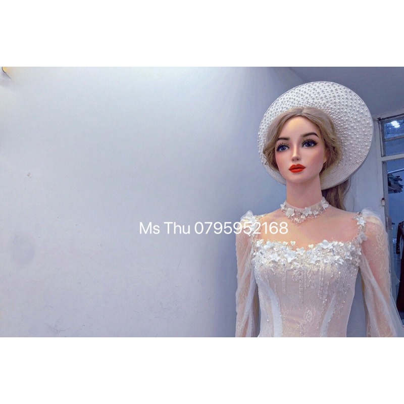 Áo dài trắng 6 tà tay phồng kết hoa tiệc cưới hỏi