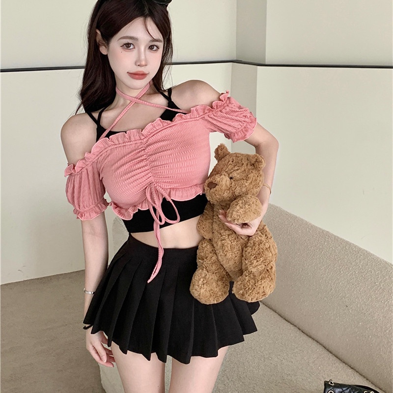 Áo Nữ Trễ Vai Tay Ngắn Phối Màu Thời Trang