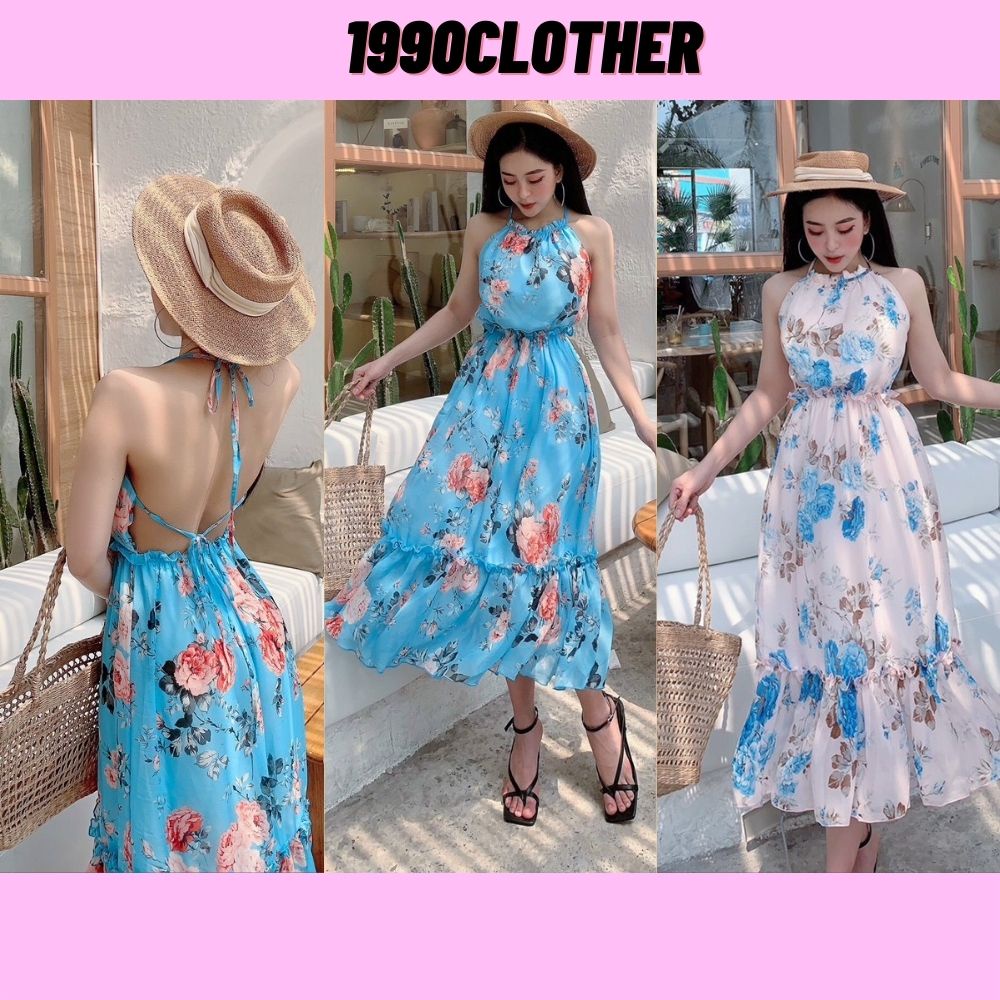 SPK- Đầm maxi nữ, đầm nữ hoa xanh chất voan cao cấp dày 2 lớp cột dây lưng sexy SKUD-47