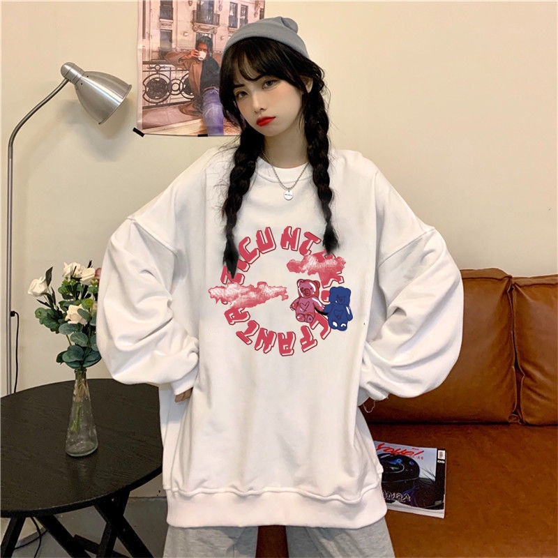 Áo Sweater Mỏng Cổ Tròn Dài Tay Dáng Rộng In Chữ Phong Cách Hàn Quốc Thời Trang Cho Nữ