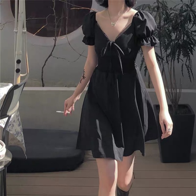 Bigsize M-4XL Đầm đen cổ viền ren phối nơ, chun eo siêu xinh