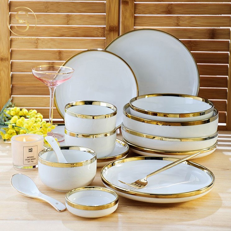 Bộ Tô Chén Dĩa Đĩa Sứ Cao Cấp Victorian Viền Vàng Gold Sang Trọng