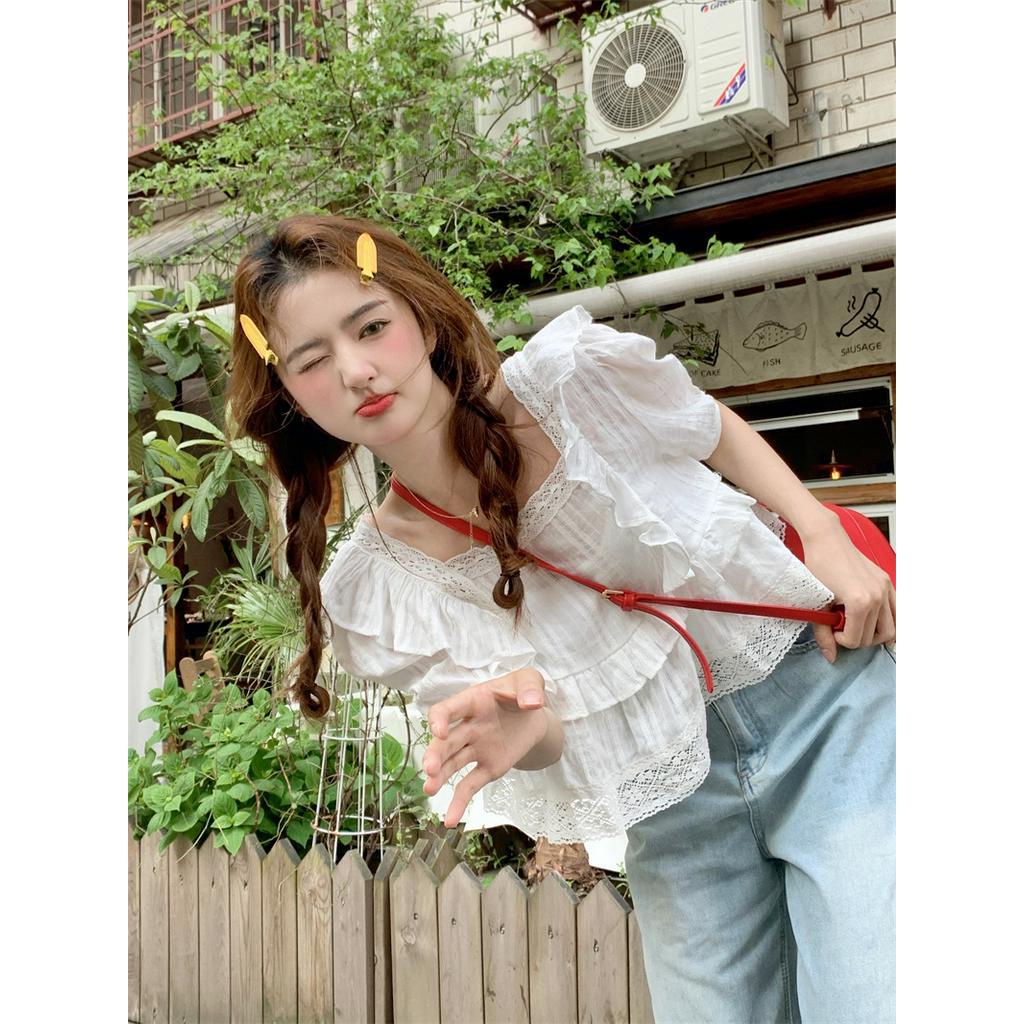 Áo Kiểu Cổ Vuông Tay Ngắn Phối Ren Phong Cách Mới 63225