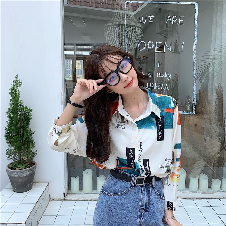 Áo Sơ Mi Tay Dài Dáng Rộng In Họa Tiết Thời Trang Kiểu Hàn Quốc Cho Nữ