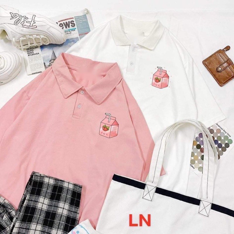 Sét áo polo sữa dâu+quần kẻ đen LN11