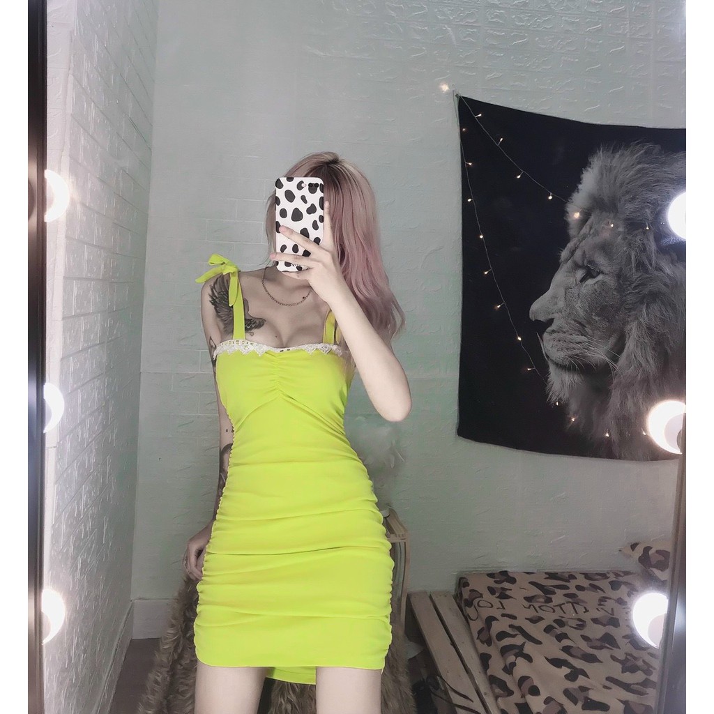 đầm nhúm kiểu phối ren cột dấy nơ vai xinh siêu hot hit