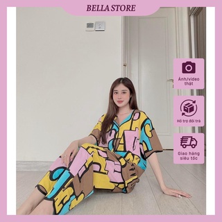Đồ bộ nữ, pijama lụa nữ, đồ bộ mặc nhà tay cộc quần dài họa tiết lập thể chất lụa latin, mịn mát cho mùa hè siêu dễ thươ