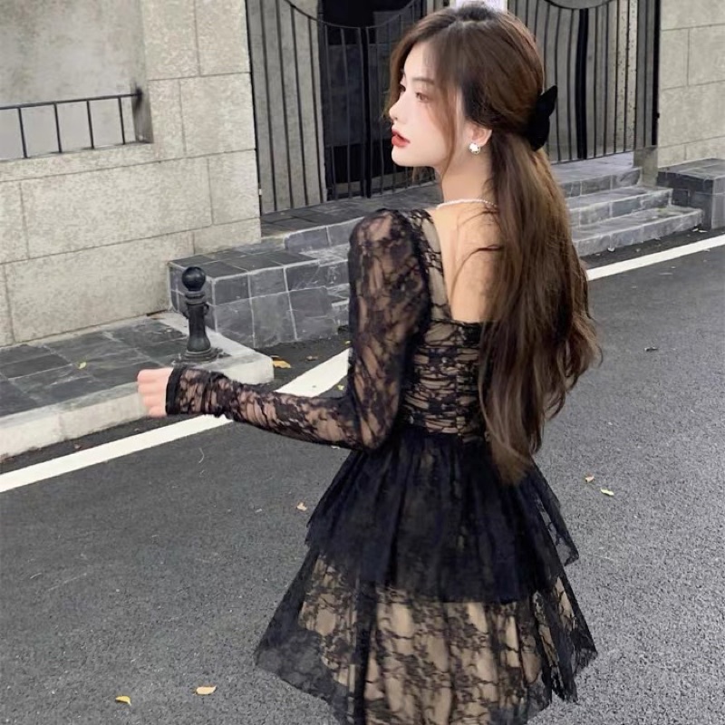 Đầm ren đen tiểu thư 2 tầng xoè bồng chiết eo có mút ngực/ Váy dự tiệc sang chảnh Hàn Quốc