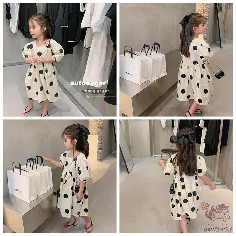 Đầm Bé Gái Chấm Bi Tay Phồng Phong Cách Hàn Quốc