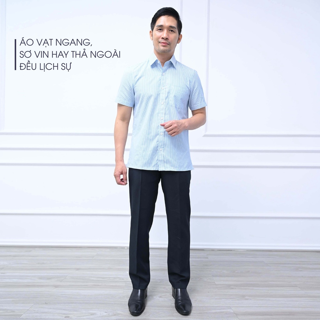 Áo Sơ Mi Nam Ngắn Tay Trung Niên ANCHI Cotton Ấn Độ Cao Cấp Hoạ Tiết Sọc Xanh