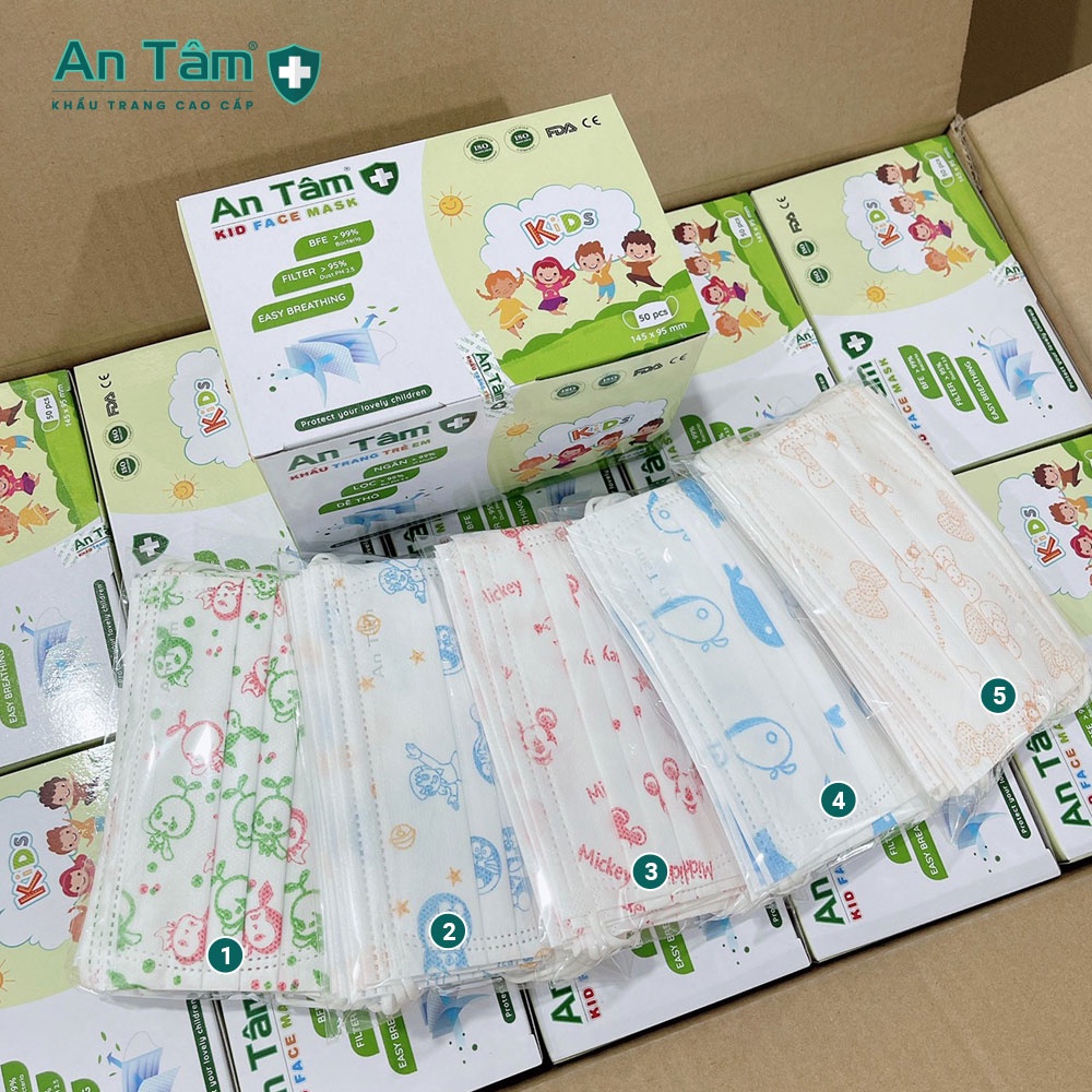 Combo 3 hộp khẩu trang y tế cho bé in HỌA TIẾT 3 lớp Giấy Kháng Khuẩn &amp; Vải Không Dệt - Chính Hãng AN TÂM - Hộp 50 cái