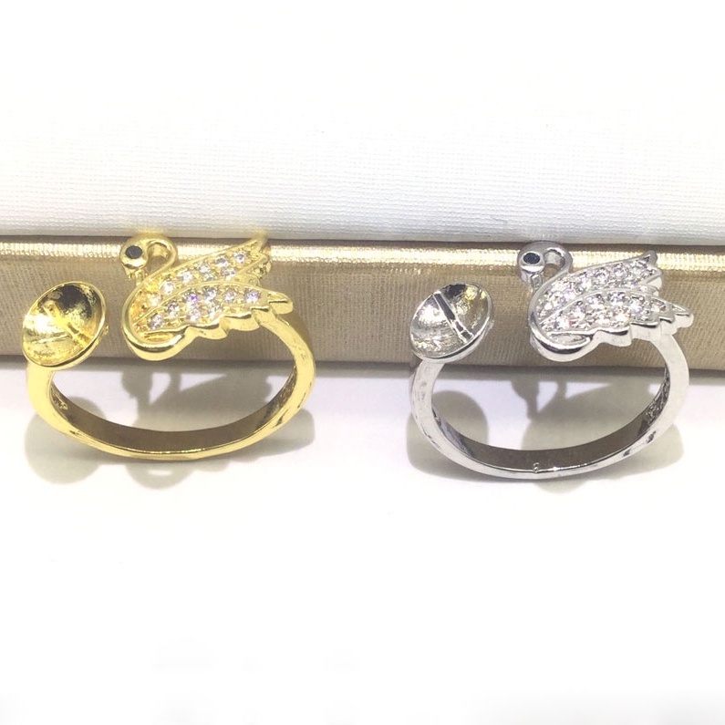 [N8B2] Phụ kiện trang sức (DIY) - Khay nhẫn bạc trống vân trơn kiểu Thiên nga nạm đá làm nhẫn đính ngọc