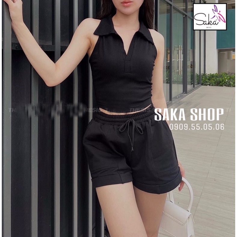 Áo croptop nữ sát nách cổ sơ mi màu trắng đen