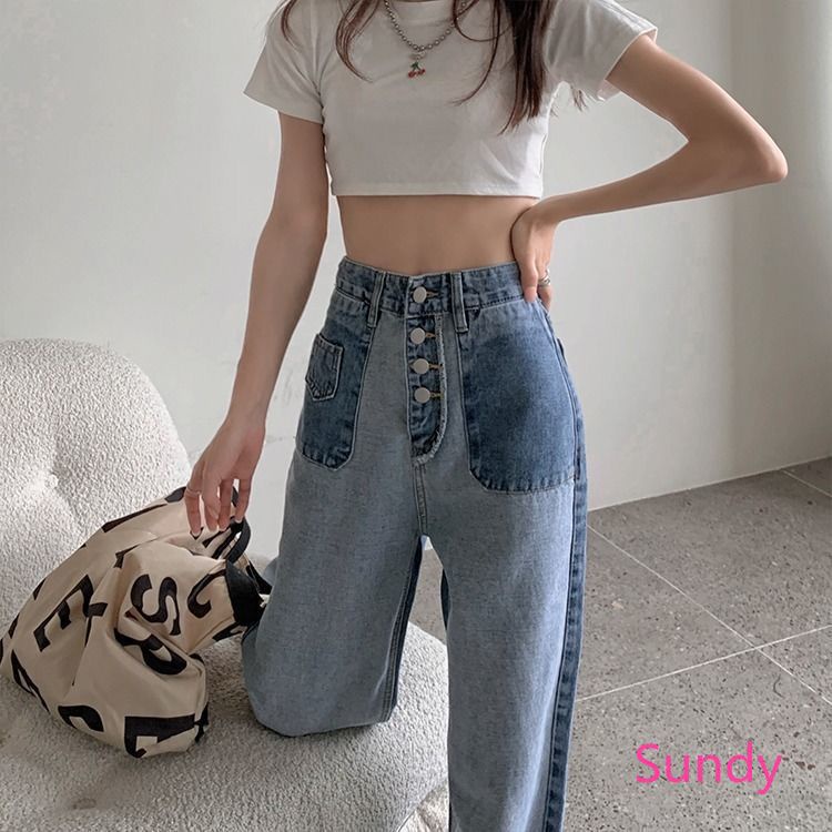 Quần Denim Lưng Cao Phối Màu Phong Cách Vintage Thời Trang Mùa Thu Cho Nữ