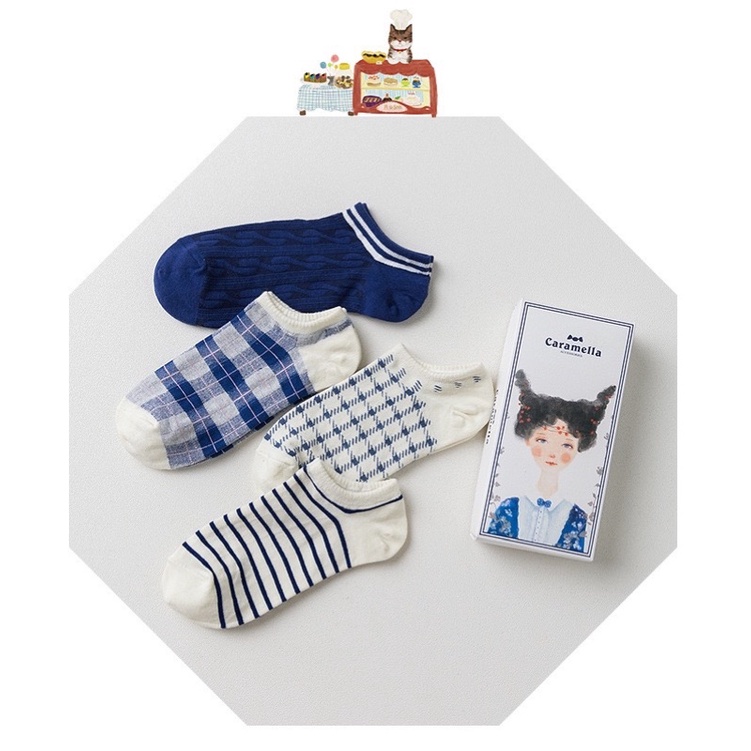 Set 4 đôi tất mắt cá nữ Caramella hoạ tiết caro tặng kèm hộp hoặc túi zip hình công chúa đại dương