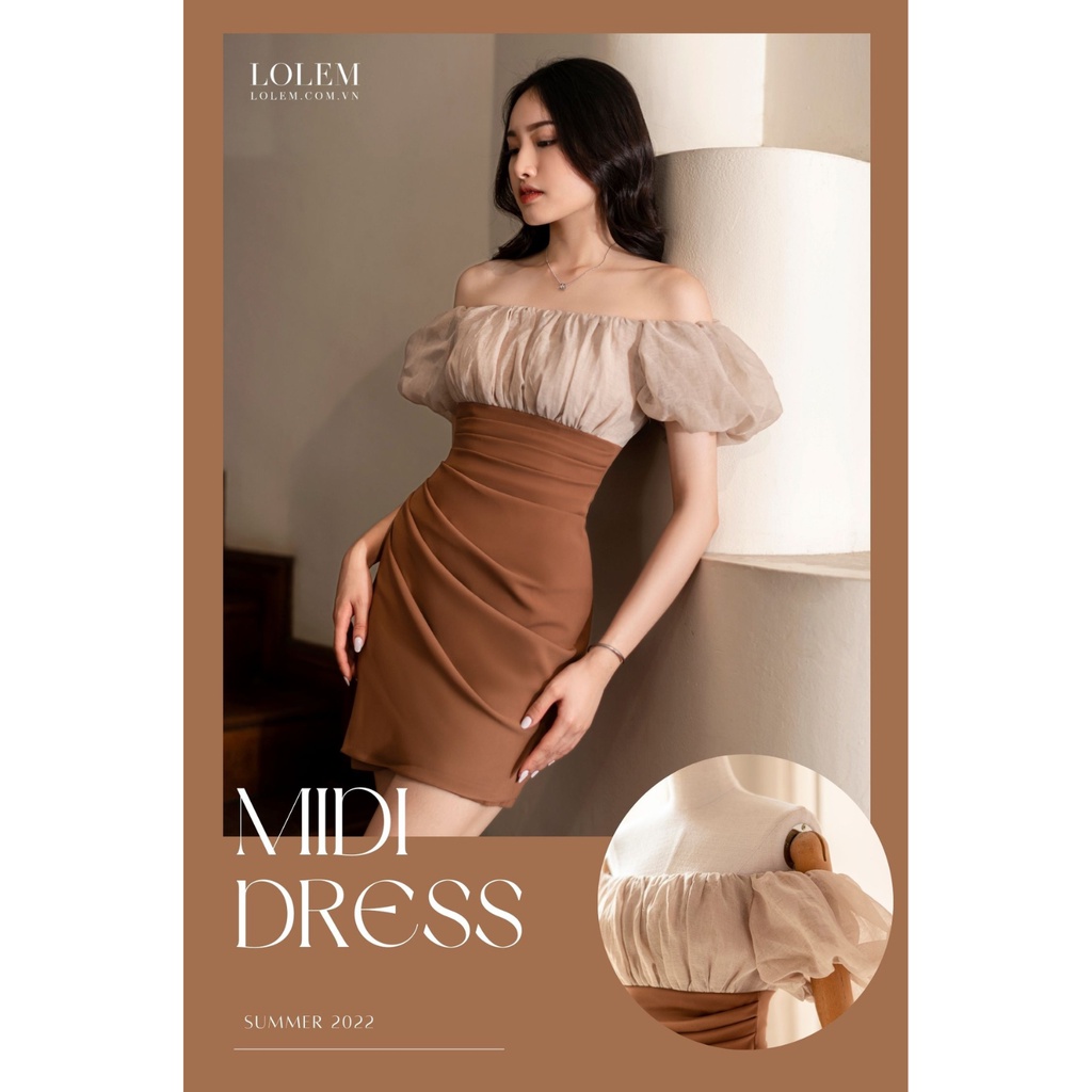 Đầm ôm body LOLEM DO173 chéo vạt trễ vai phối linen thân váy xếp ly 3D