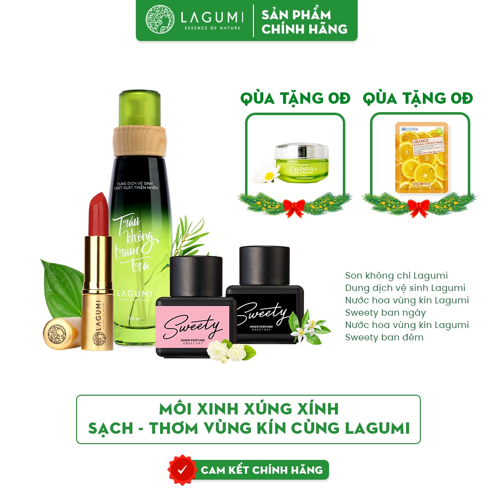 Set 4 món Dung dịch vệ sinh, Nước hoa vùng kín, Son hạnh nhân không chì Lagumi chăm sóc toàn diện