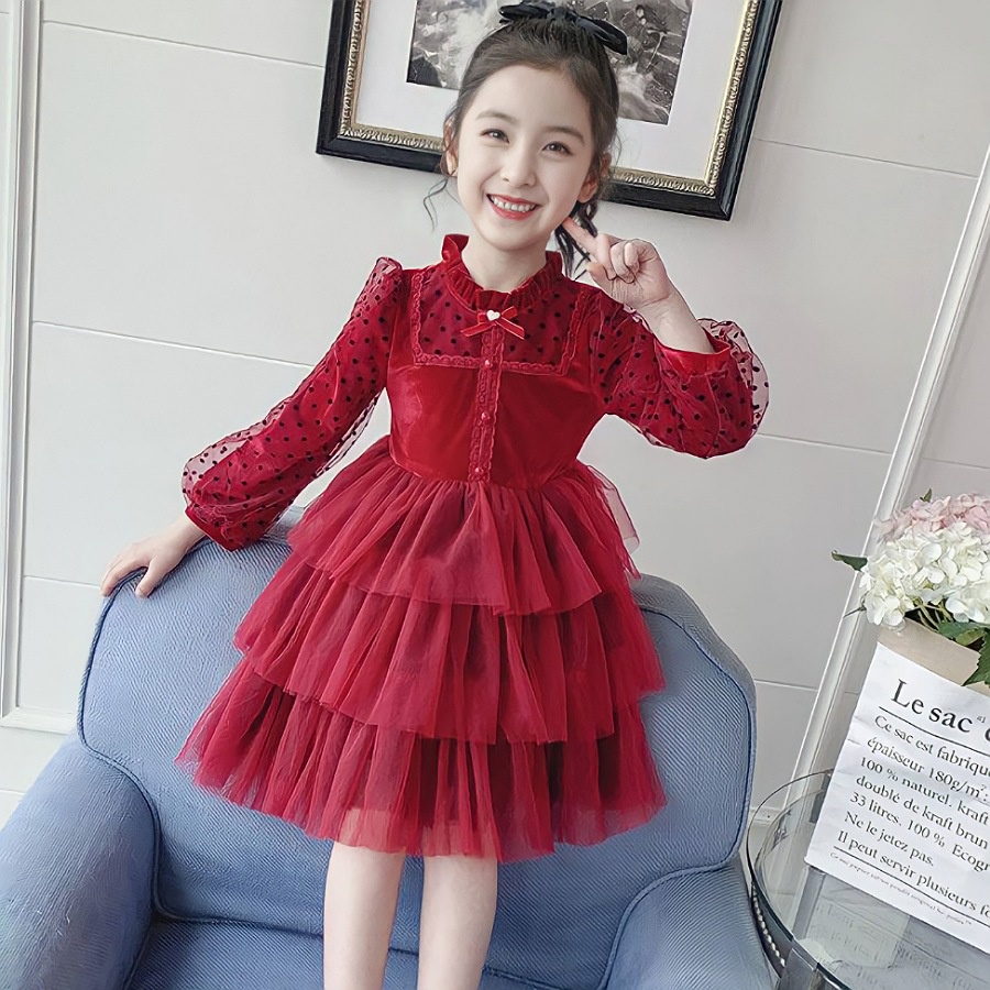 [8-19kg]Váy nhung đỏ phối ren chấm bi hàng thiết kế cho bé, Váy bé gái ren siêu xinh 2022