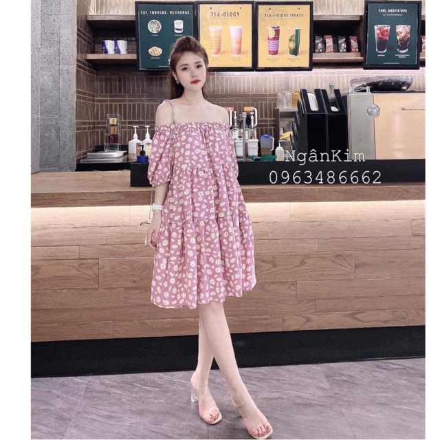 Váy đi biển hoa cúc trễ vai 3 tầng siêu xinh