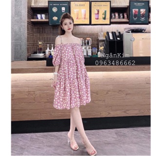Váy đi biển hoa cúc trễ vai 3 tầng siêu xinh