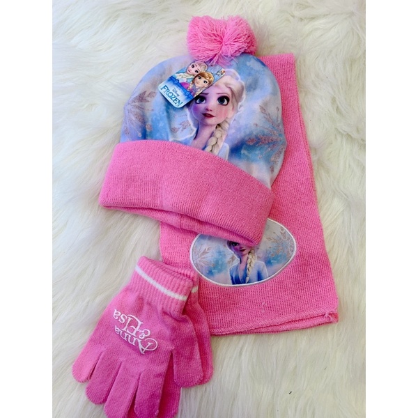 Sét KHĂN +MŨ +GĂNG TAY  3in1 hình Elsa cho bé gái