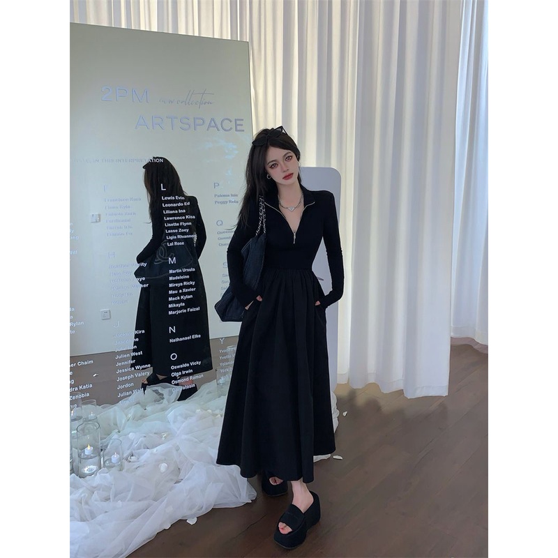 Đầm Midi Tay Dài Màu Đen Phong Cách Pháp Thời Trang Mùa Thu Cho Nữ