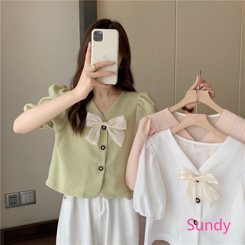 Áo Kiểu Tay Phồng Cổ Chữ V Thắt Nơ Họa Tiết Sọc Caro Thời Trang Mùa Hè